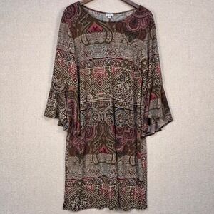 Olivia Matthews Boho Paisley Bell Sleeve Shift Dress 2X Burgundy Olive Green